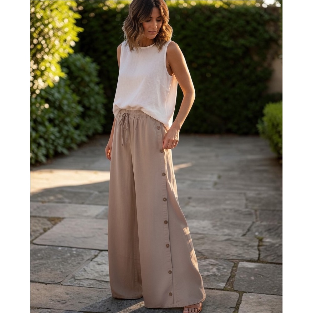 Aakaa Wide Leg Pants Women Small Tan Beige Button Side Split Boho Coastal Linen
